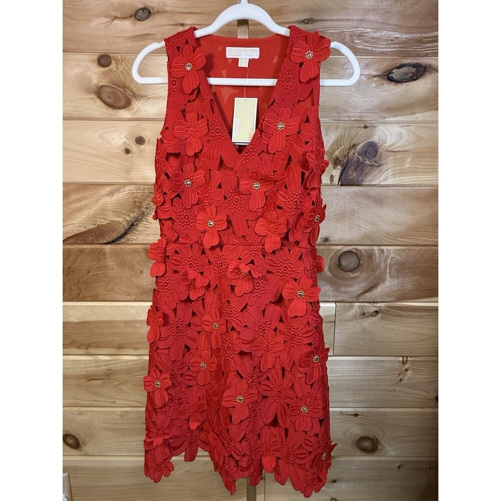 Michael Kors Red Floral Appliqué Lace Dress Women’s Size 0 NWT! Beautiful 🌹
